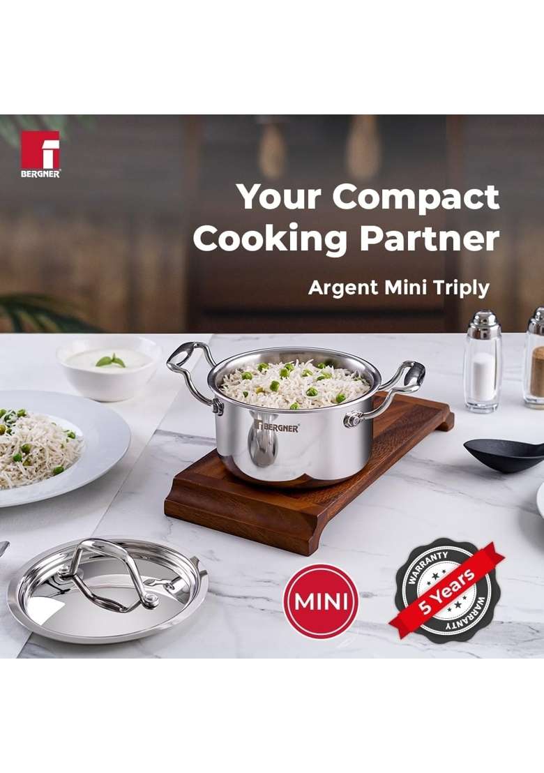 BERGNER Argent Junior Chef Triply Stainless Steel Cookware Set | 1.6 L | 1.7 Qt | 16 cm | 6.3 Inch | Pack of 6 | Induction Compatible | With Lid - Indya