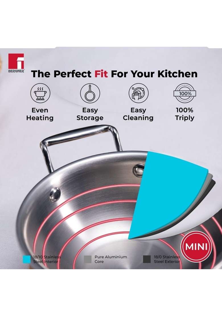 BERGNER Argent Junior Chef Triply Stainless Steel Cookware Set | 1.6 L | 1.7 Qt | 16 cm | 6.3 Inch | Pack of 6 | Induction Compatible | With Lid - Indya
