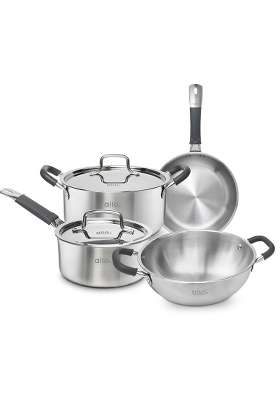 Allo Stainless Steel Triply Cookware Set | 1.5 L | 1.6 Qt | 20 cm | 7.9 Inch | 8-Piece Set | Induction Compatible | Non-Stick