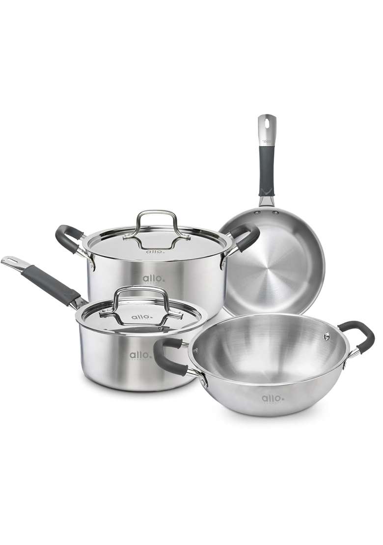Allo Stainless Steel Triply Cookware Set | 1.5 L | 1.6 Qt | 20 cm | 7.9 Inch | 8-Piece Set | Induction Compatible | Non-Stick - Indya