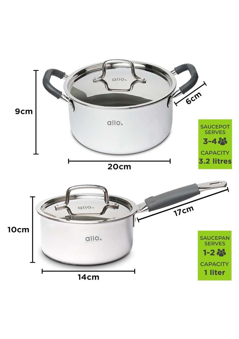 Allo Stainless Steel Triply Cookware Set | 1.5 L | 1.6 Qt | 20 cm | 7.9 Inch | 8-Piece Set | Induction Compatible | Non-Stick - Indya