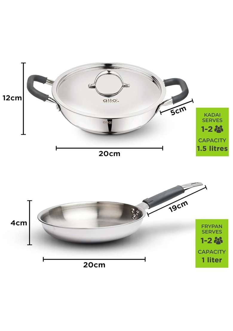 Allo Stainless Steel Triply Cookware Set | 1.5 L | 1.6 Qt | 20 cm | 7.9 Inch | 8-Piece Set | Induction Compatible | Non-Stick - Indya