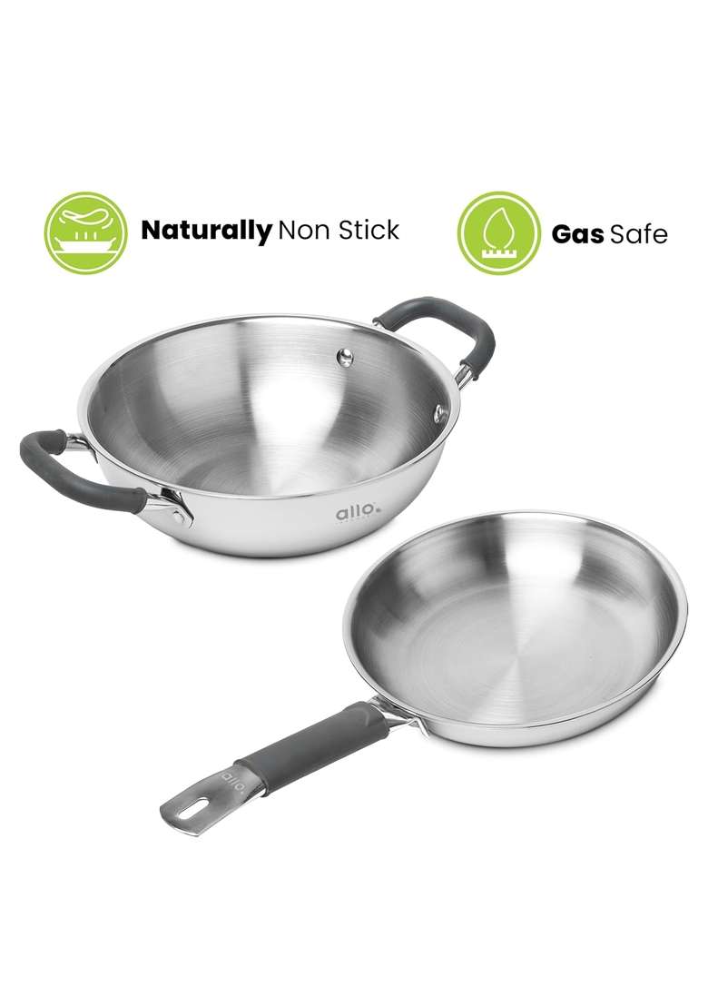 Allo Stainless Steel Triply Cookware Set | 1.5 L | 1.6 Qt | 20 cm | 7.9 Inch | 8-Piece Set | Induction Compatible | Non-Stick - Indya