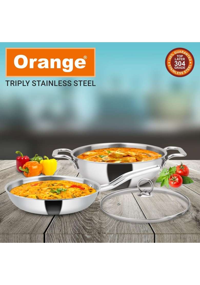 Orange Stainless Steel Triply Combo Cookware Set | 3 L | 3.2 Qt | 24 cm | 9.4 Inch | Pack of 3 | Induction Compatible | With Lid - Indya
