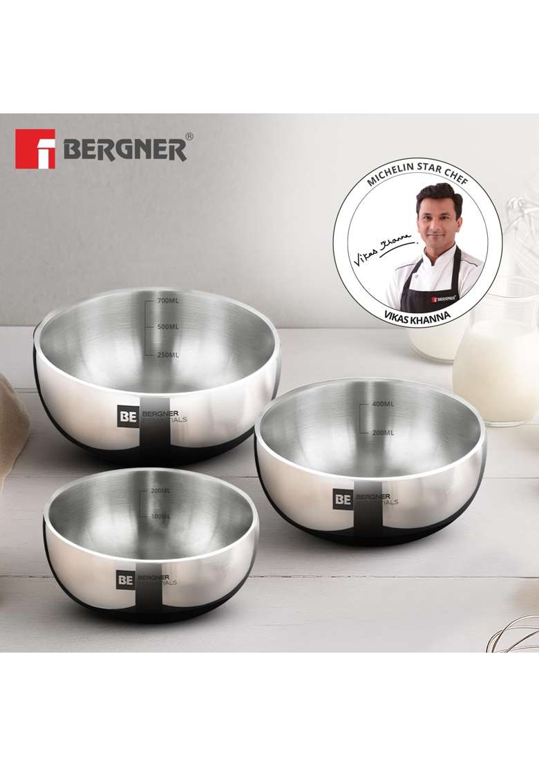 BERGNER BE Essentials TriPly Stainless Steel Mini Tasra Deep Pan Set | 300 ml | 10.1 fl oz | 10 cm | 3.9 Inch | 3-Piece Set - Indya