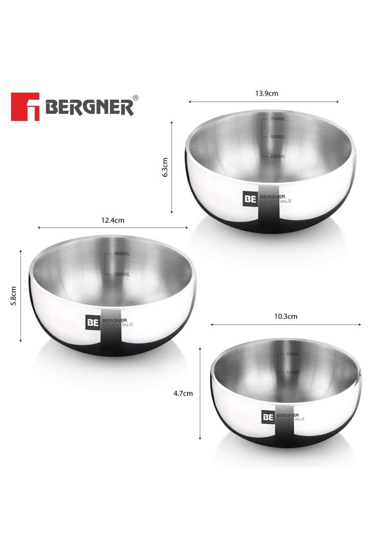 BERGNER BE Essentials TriPly Stainless Steel Mini Tasra Deep Pan Set | 300 ml | 10.1 fl oz | 10 cm | 3.9 Inch | 3-Piece Set - Indya