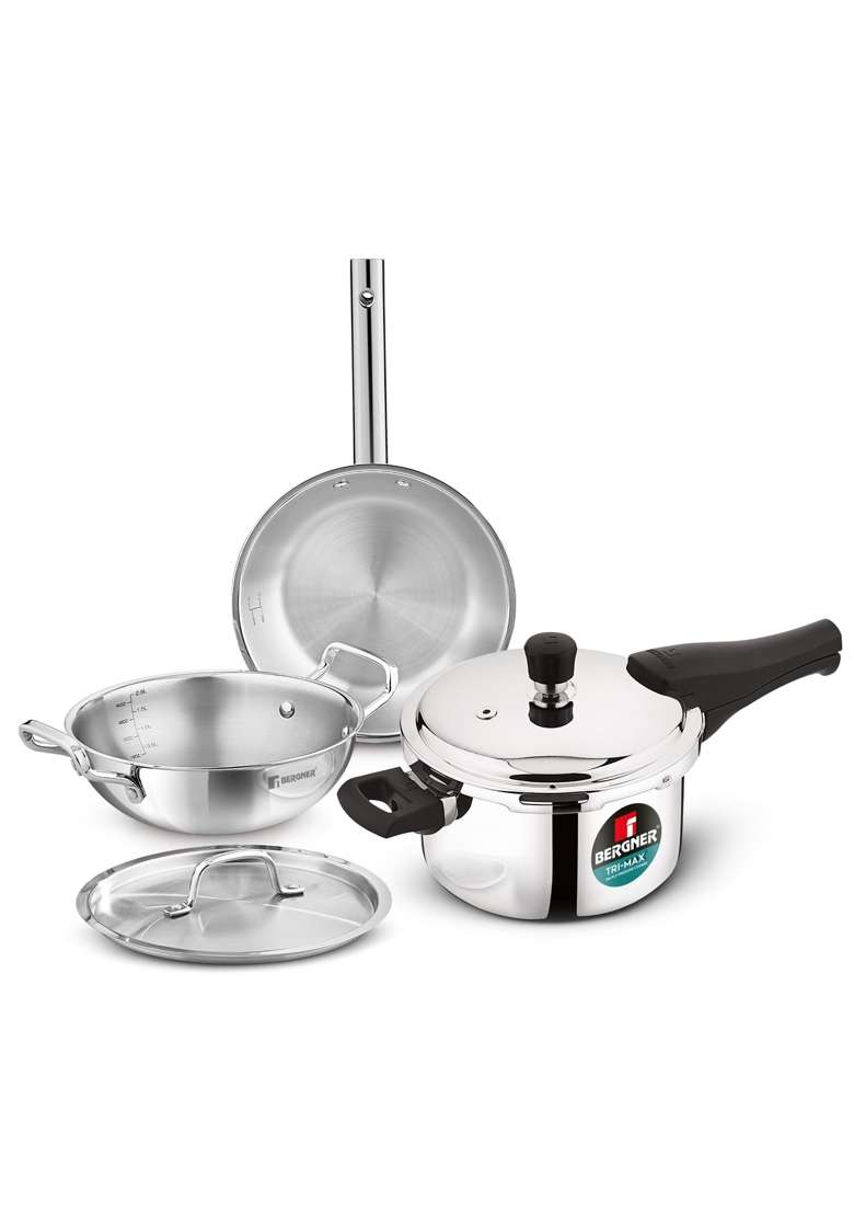 BERGNER TriPro Tri-Ply Stainless Steel Cookware Combo | 3 L | 3.2 Qt | 24 cm | 9.4 Inch | 4-Piece Set | Induction Compatible | With Lid - Indya