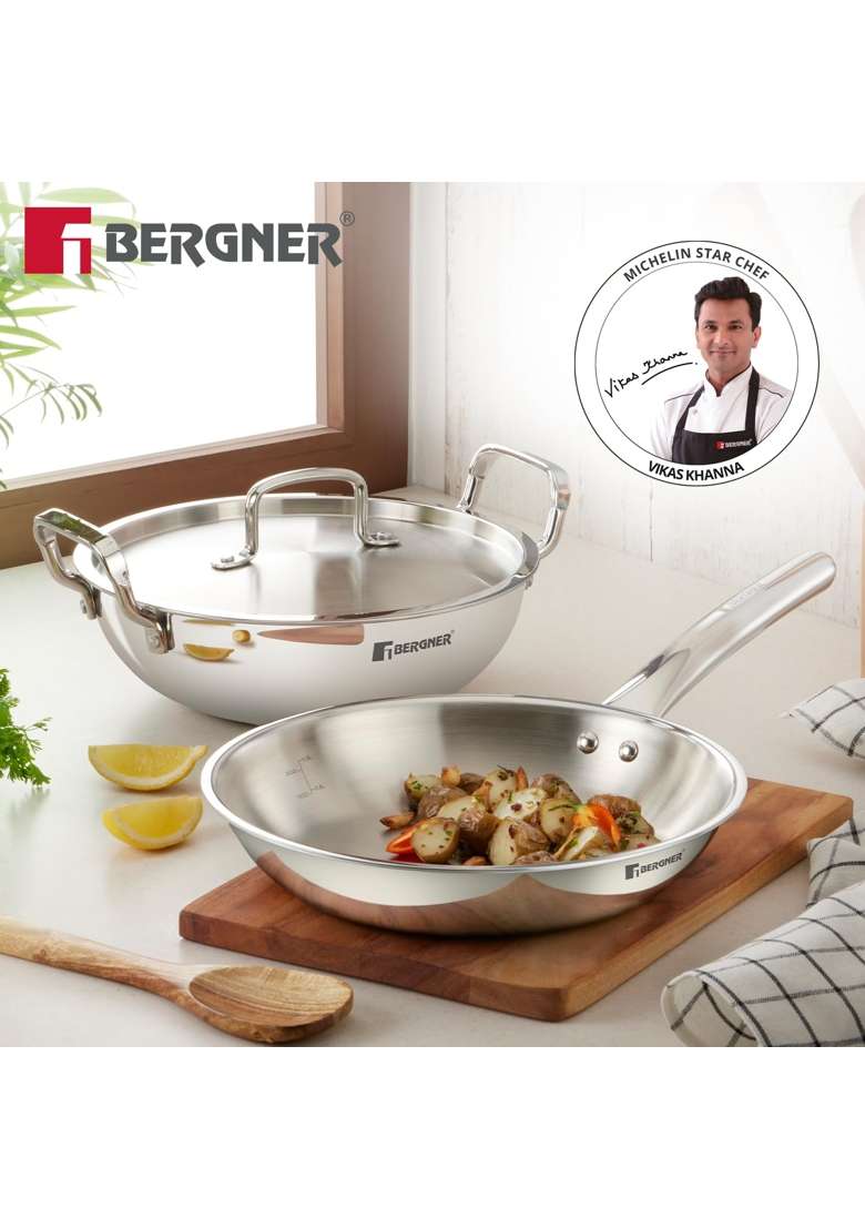 BERGNER TriPro Tri-Ply Stainless Steel Cookware Combo | 3 L | 3.2 Qt | 24 cm | 9.4 Inch | 4-Piece Set | Induction Compatible | With Lid - Indya