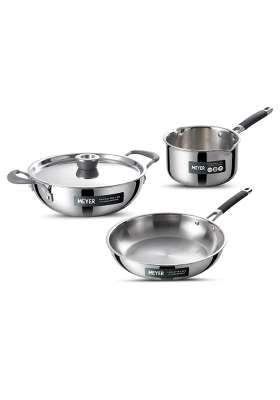 Meyer Trivantage Pro Stainless Steel Triply Cookware Set | 2 L | 2.1 Qt | 22 cm | 8.7 Inch | 3-Piece Set | Induction Compatible | With Lid