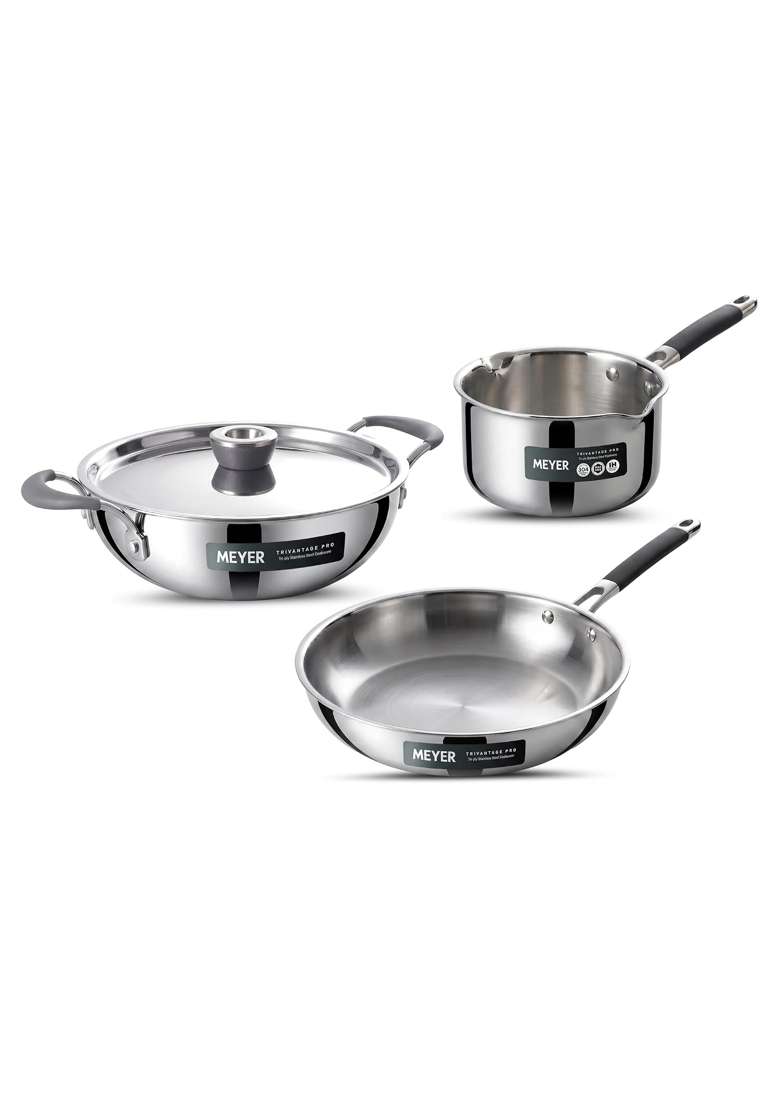 Meyer Trivantage Pro Stainless Steel Triply Cookware Set | 2 L | 2.1 Qt | 22 cm | 8.7 Inch | 3-Piece Set | Induction Compatible | With Lid - Indya
