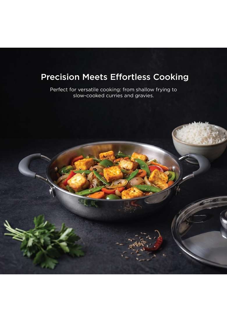 Meyer Trivantage Pro Stainless Steel Triply Cookware Set | 2 L | 2.1 Qt | 22 cm | 8.7 Inch | 3-Piece Set | Induction Compatible | With Lid - Indya