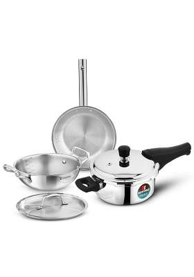 BERGNER TriPro Tri-Ply Stainless Steel Cookware Combo | 3 L | 3.2 Qt | 24 cm | 9.4 Inch | 4-Piece Set | Induction Compatible | With Lid