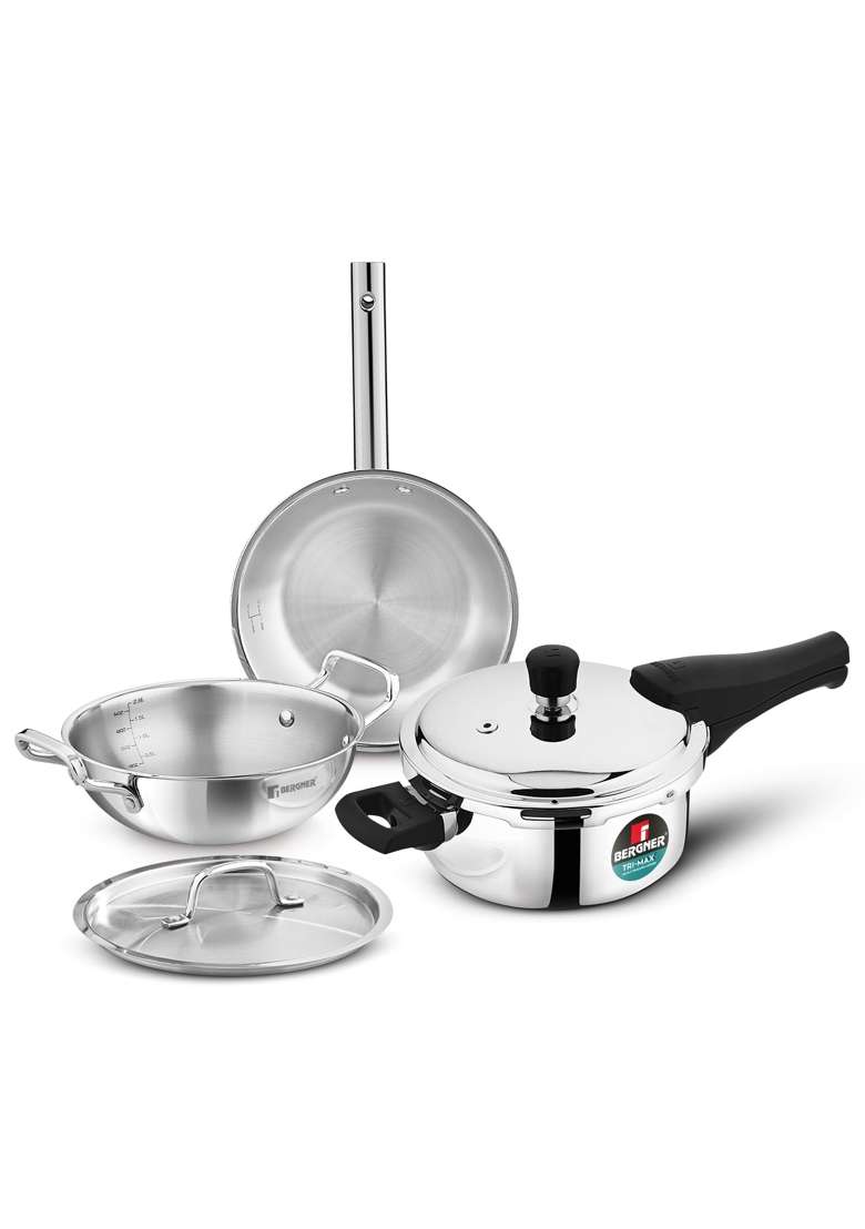 BERGNER TriPro Tri-Ply Stainless Steel Cookware Combo | 3 L | 3.2 Qt | 24 cm | 9.4 Inch | 4-Piece Set | Induction Compatible | With Lid - Indya