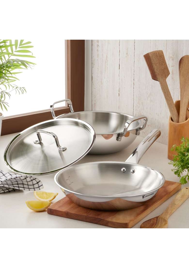 BERGNER TriPro Tri-Ply Stainless Steel Cookware Combo | 3 L | 3.2 Qt | 24 cm | 9.4 Inch | 4-Piece Set | Induction Compatible | With Lid - Indya
