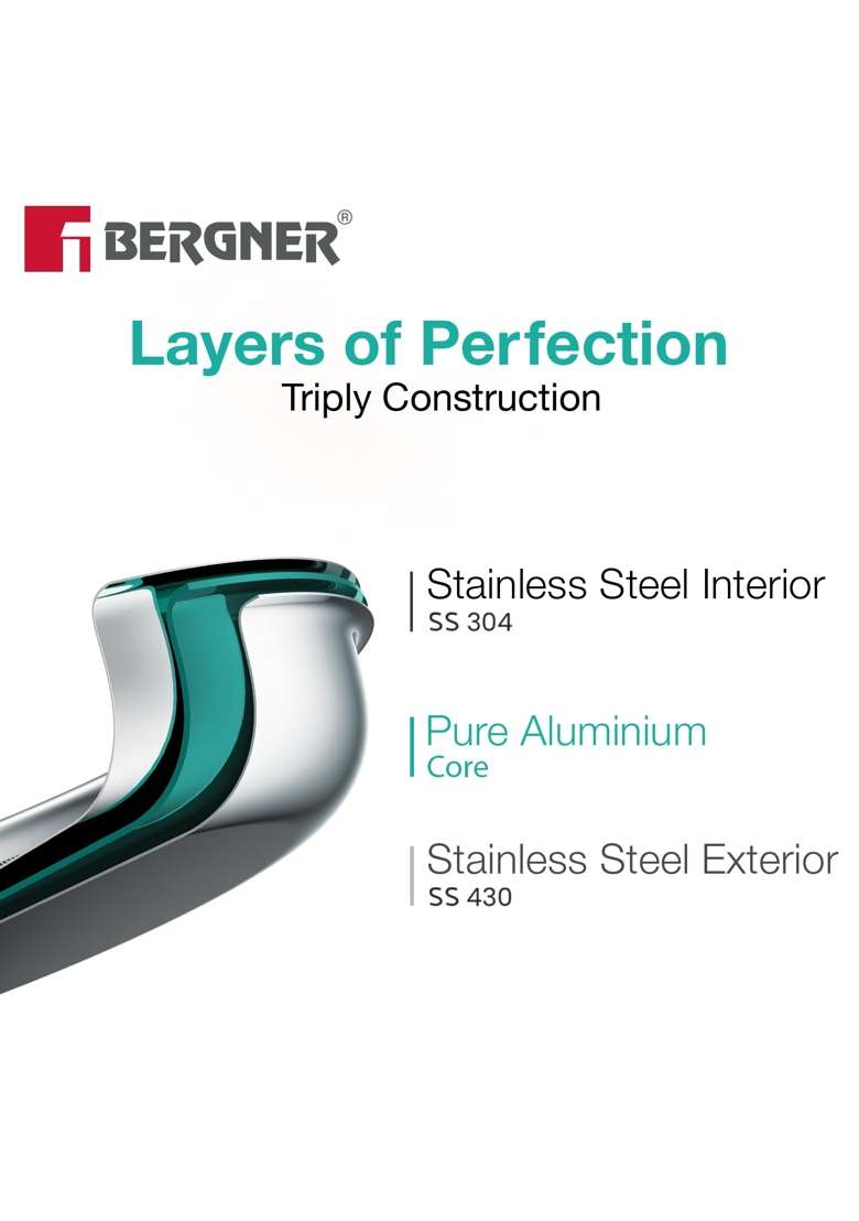 BERGNER TriPro Tri-Ply Stainless Steel Cookware Combo | 3 L | 3.2 Qt | 24 cm | 9.4 Inch | 4-Piece Set | Induction Compatible | With Lid - Indya