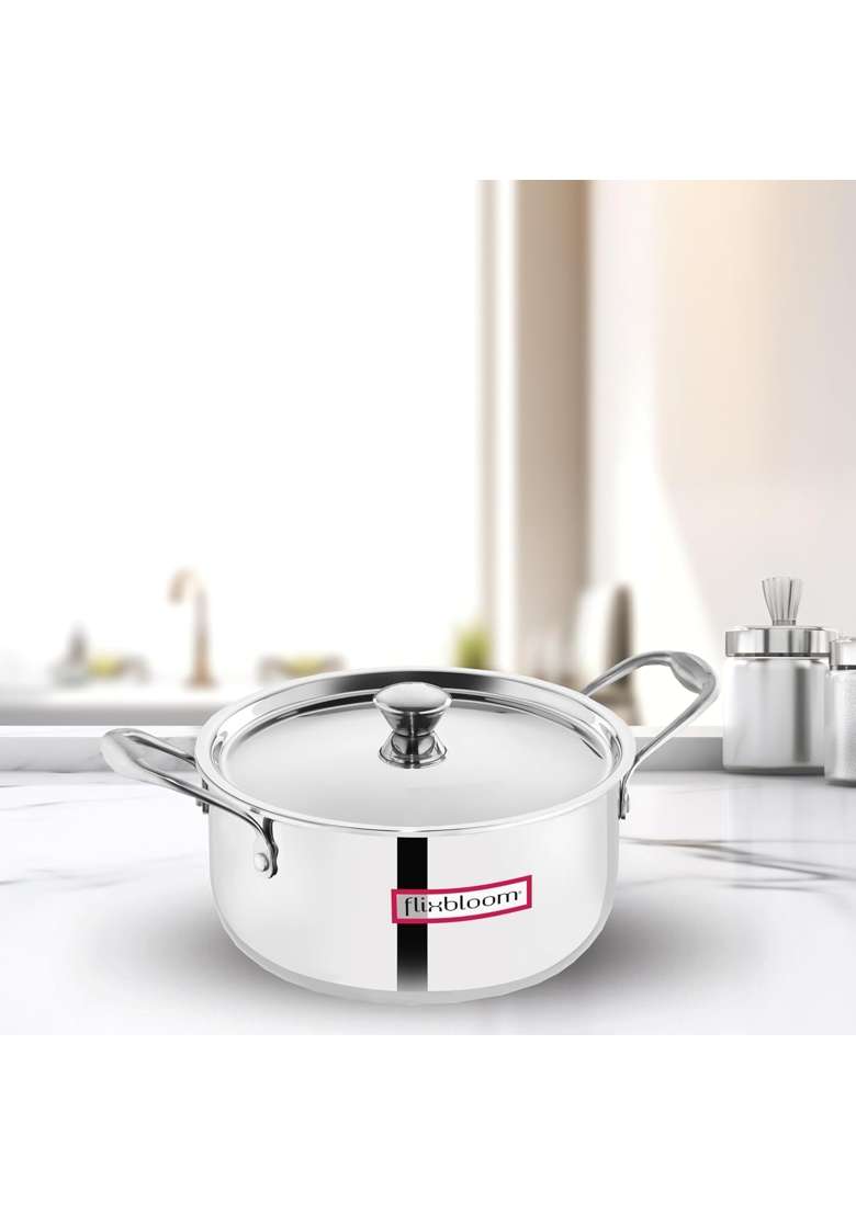 FLIXBLOOM Ambit Triply Stainless Steel Deep Cooking Pot LPG Induction Base Cookware | 4.5 L | 4.8 Qt | With Lid - Indya