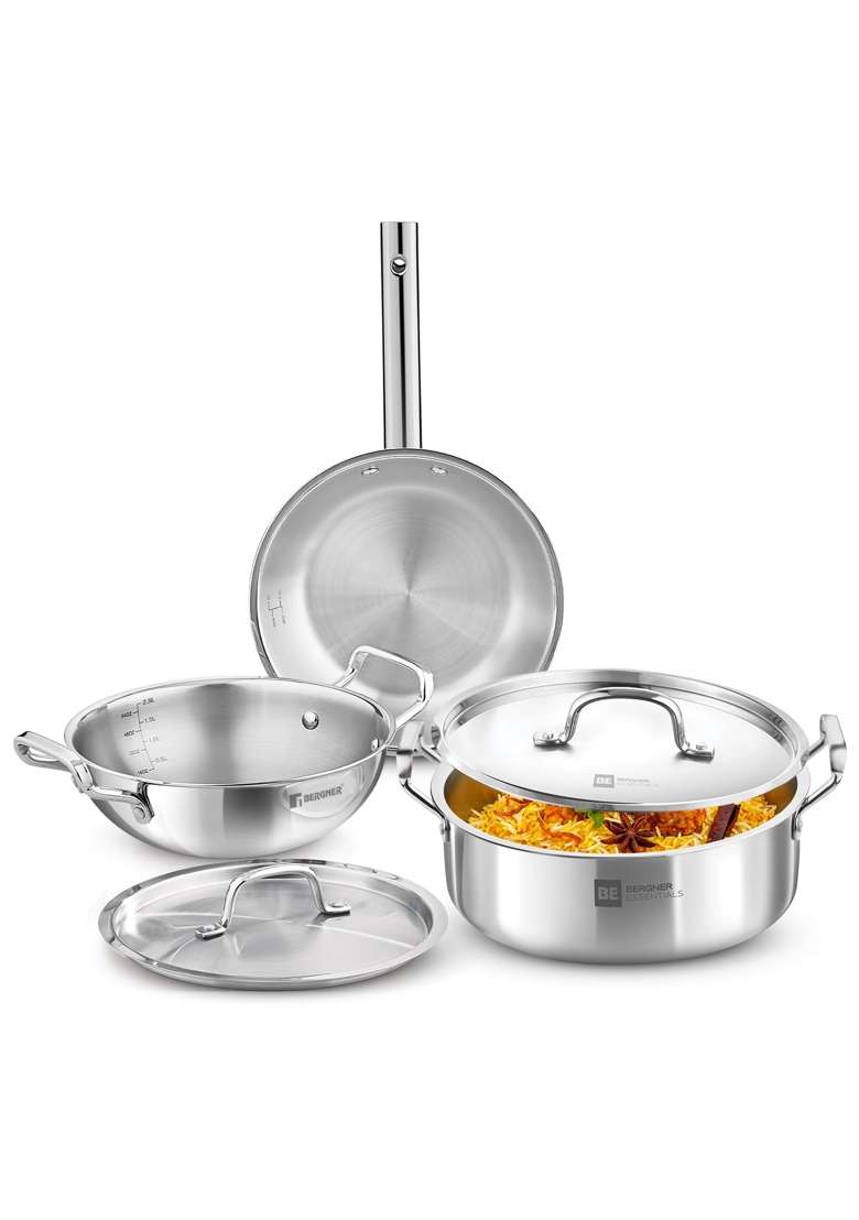 BERGNER Tripro BE Essentials Triply Cookware Set | 3 L | 3.2 Qt | 24 cm | 9.4 Inch | Pack of 5 | Induction Compatible | With Lid - Indya