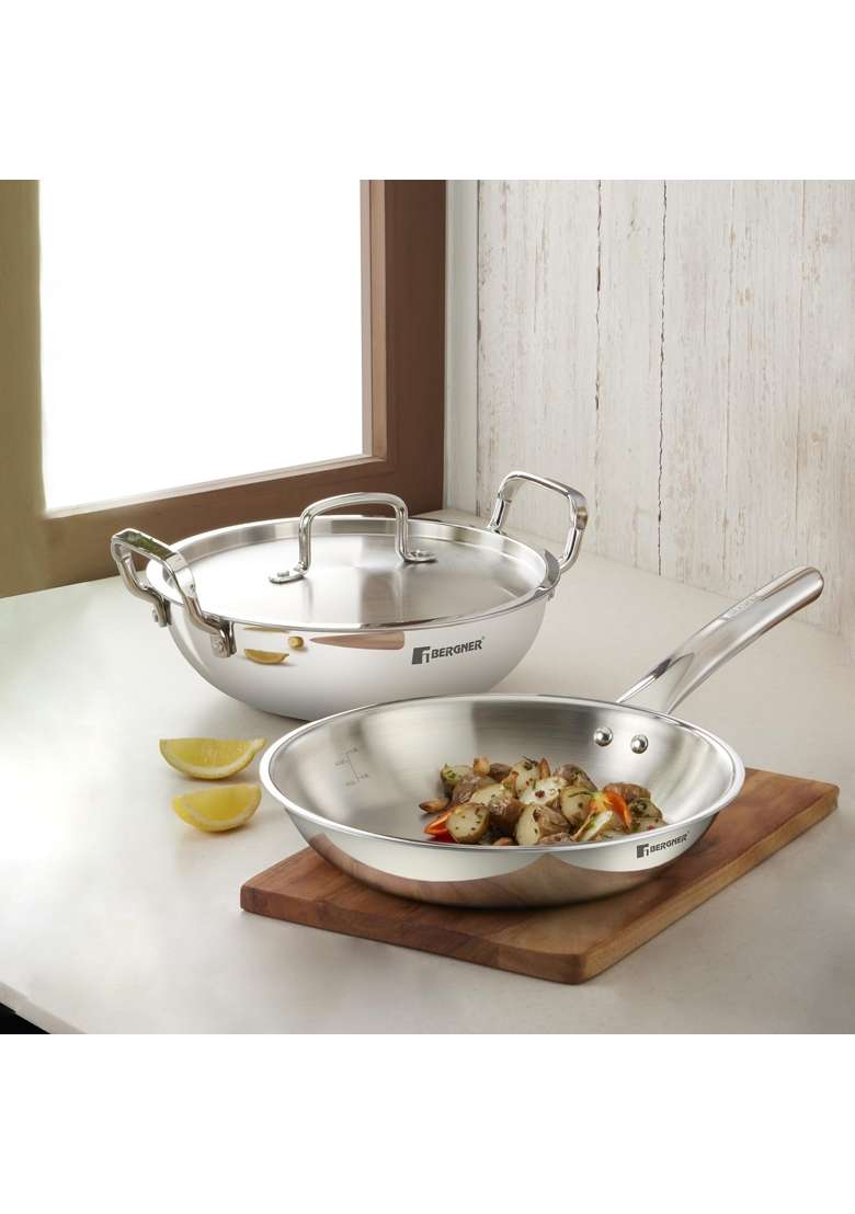BERGNER Tripro BE Essentials Triply Cookware Set | 3 L | 3.2 Qt | 24 cm | 9.4 Inch | Pack of 5 | Induction Compatible | With Lid - Indya