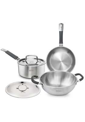 Allo Stainless Steel Triply Cookware Set | 3 L | 3.2 Qt | 22 cm | 8.7 Inch | 5-Piece Set | Induction Compatible | Non-Stick | With Lid