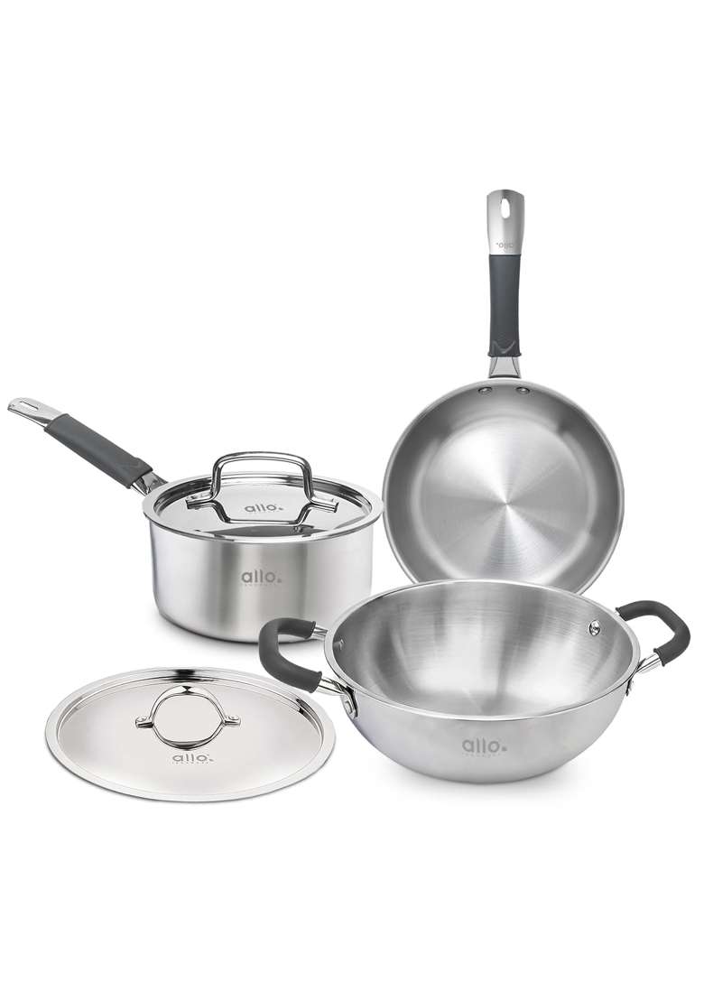 Allo Stainless Steel Triply Cookware Set | 3 L | 3.2 Qt | 22 cm | 8.7 Inch | 5-Piece Set | Induction Compatible | Non-Stick | With Lid - Indya