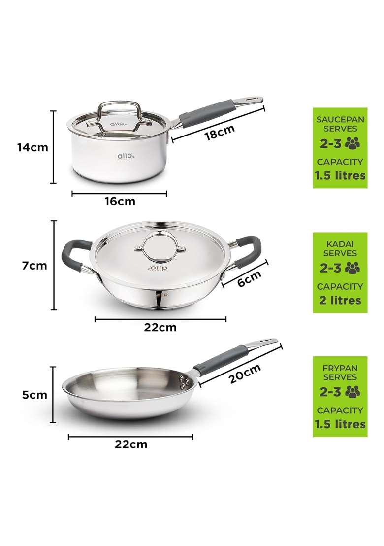 Allo Stainless Steel Triply Cookware Set | 3 L | 3.2 Qt | 22 cm | 8.7 Inch | 5-Piece Set | Induction Compatible | Non-Stick | With Lid - Indya