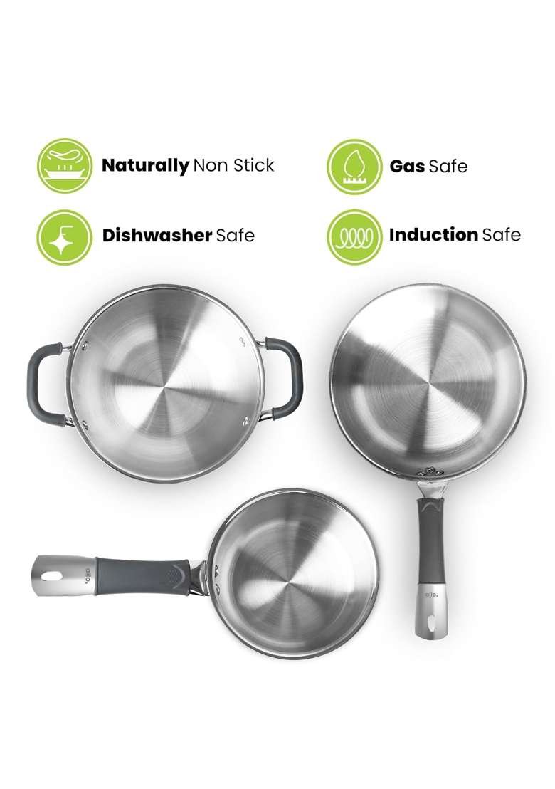 Allo Stainless Steel Triply Cookware Set | 3 L | 3.2 Qt | 22 cm | 8.7 Inch | 5-Piece Set | Induction Compatible | Non-Stick | With Lid - Indya