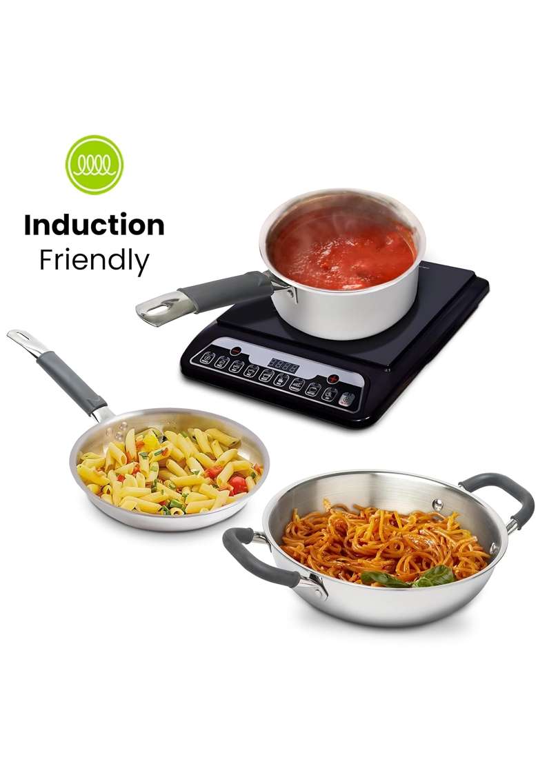Allo Stainless Steel Triply Cookware Set | 3 L | 3.2 Qt | 22 cm | 8.7 Inch | 5-Piece Set | Induction Compatible | Non-Stick | With Lid - Indya