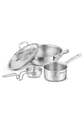 BERGNER TriPro Tri-Ply Stainless Steel Cookware Combo | 3 L | 3.2 Qt | 24 cm | 9.4 Inch | 4-Piece Set | Induction Compatible | With Lid