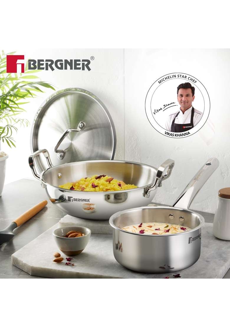 BERGNER TriPro Tri-Ply Stainless Steel Cookware Combo | 3 L | 3.2 Qt | 24 cm | 9.4 Inch | 4-Piece Set | Induction Compatible | With Lid - Indya