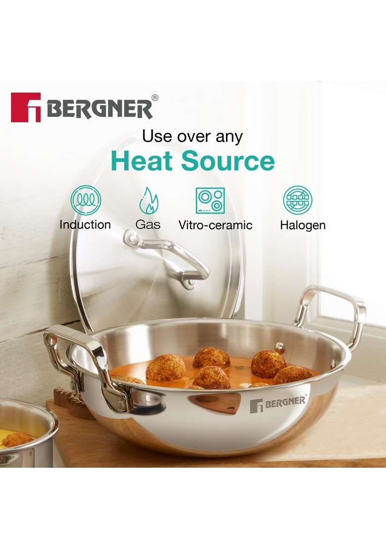 BERGNER TriPro Tri-Ply Stainless Steel Cookware Combo | 3 L | 3.2 Qt | 24 cm | 9.4 Inch | 4-Piece Set | Induction Compatible | With Lid - Indya
