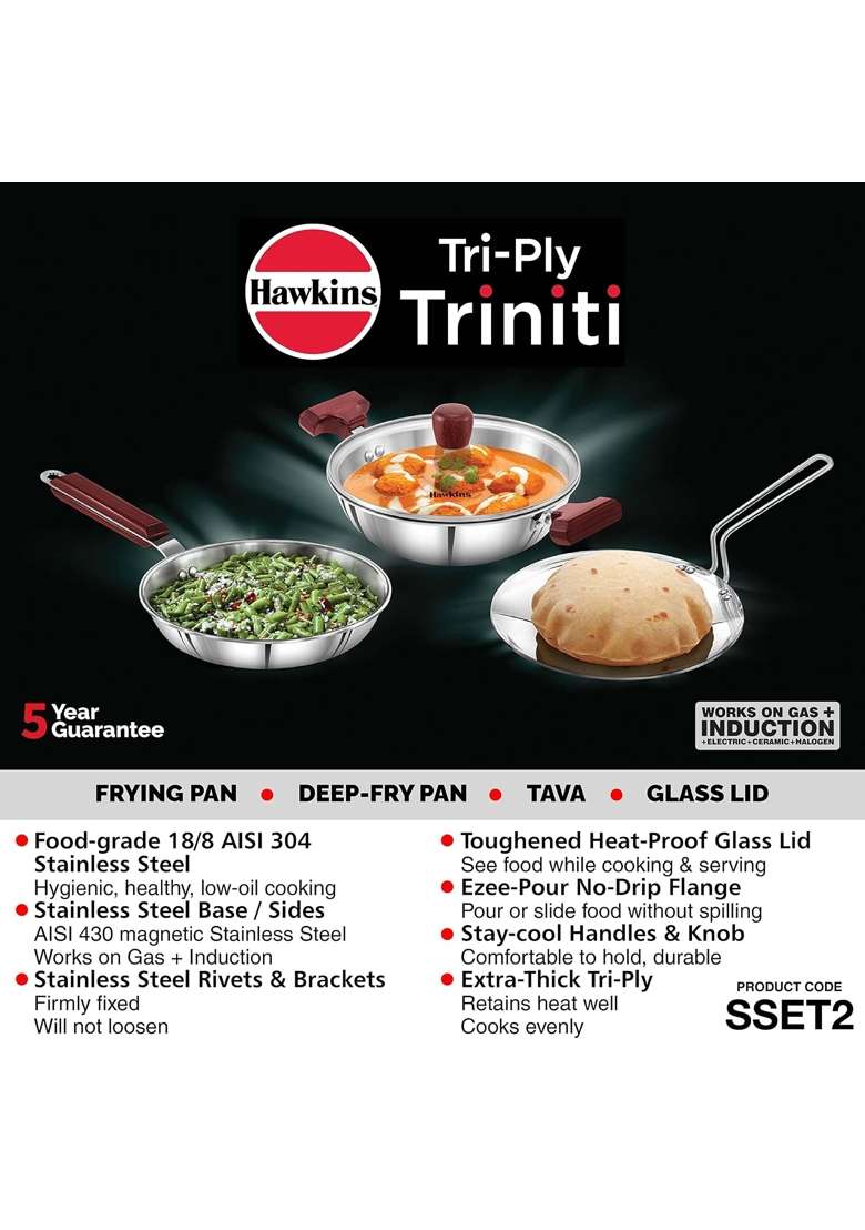 Hawkins Triniti Triply Stainless Steel Cookware Set | 3-Piece Set | With Lid - Indya