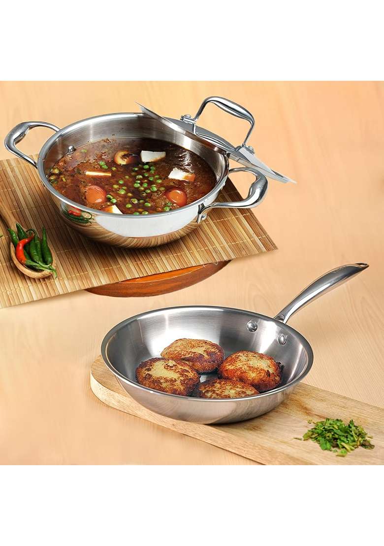 Vinod Platinum Triply Stainless Steel Cookware Combo | 1.5 L | 1.6 Qt | 20 cm | 7.9 Inch | 2-Piece Set | Induction Compatible | With Lid - Indya