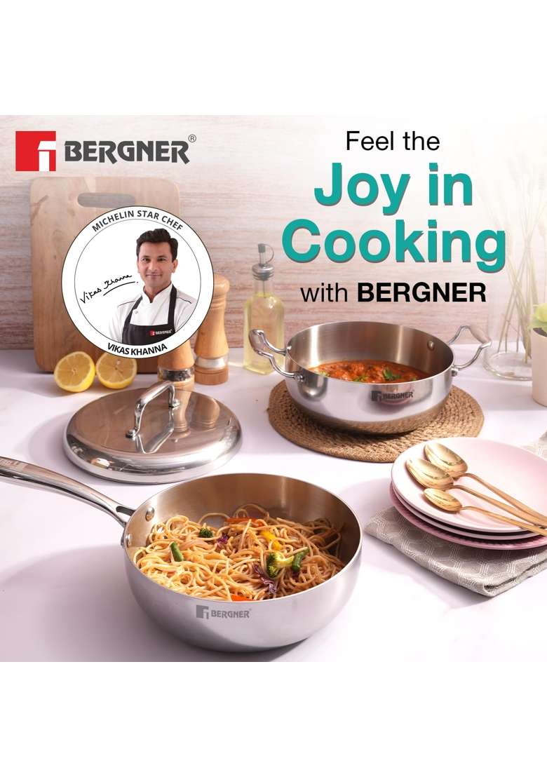 BERGNER Argent Saira Saiba Triply Stainless Steel Cookware Set | 2.5 L | 2.6 Qt | 22 cm | 8.7 Inch | 3-Piece Set | Induction Compatible - Indya