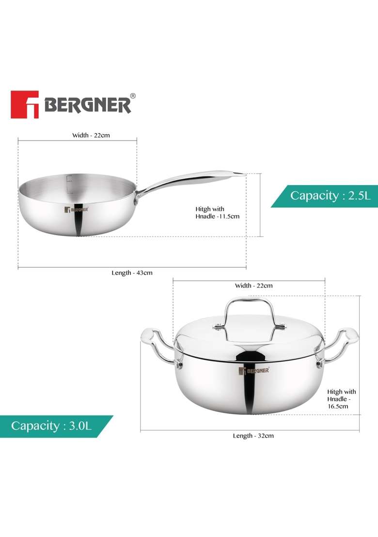 BERGNER Argent Saira Saiba Triply Stainless Steel Cookware Set | 2.5 L | 2.6 Qt | 22 cm | 8.7 Inch | 3-Piece Set | Induction Compatible - Indya