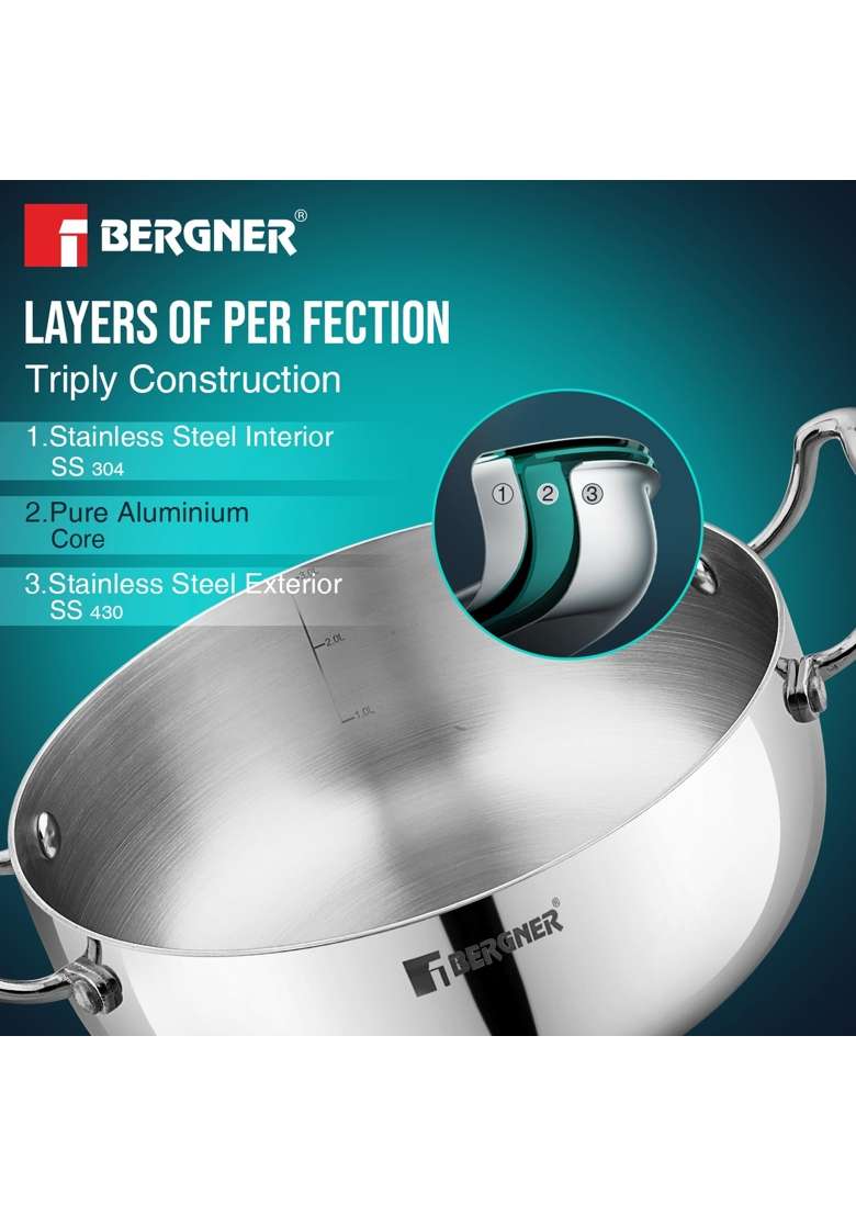 BERGNER Argent Saira Saiba Triply Stainless Steel Cookware Set | 2.5 L | 2.6 Qt | 22 cm | 8.7 Inch | 3-Piece Set | Induction Compatible - Indya