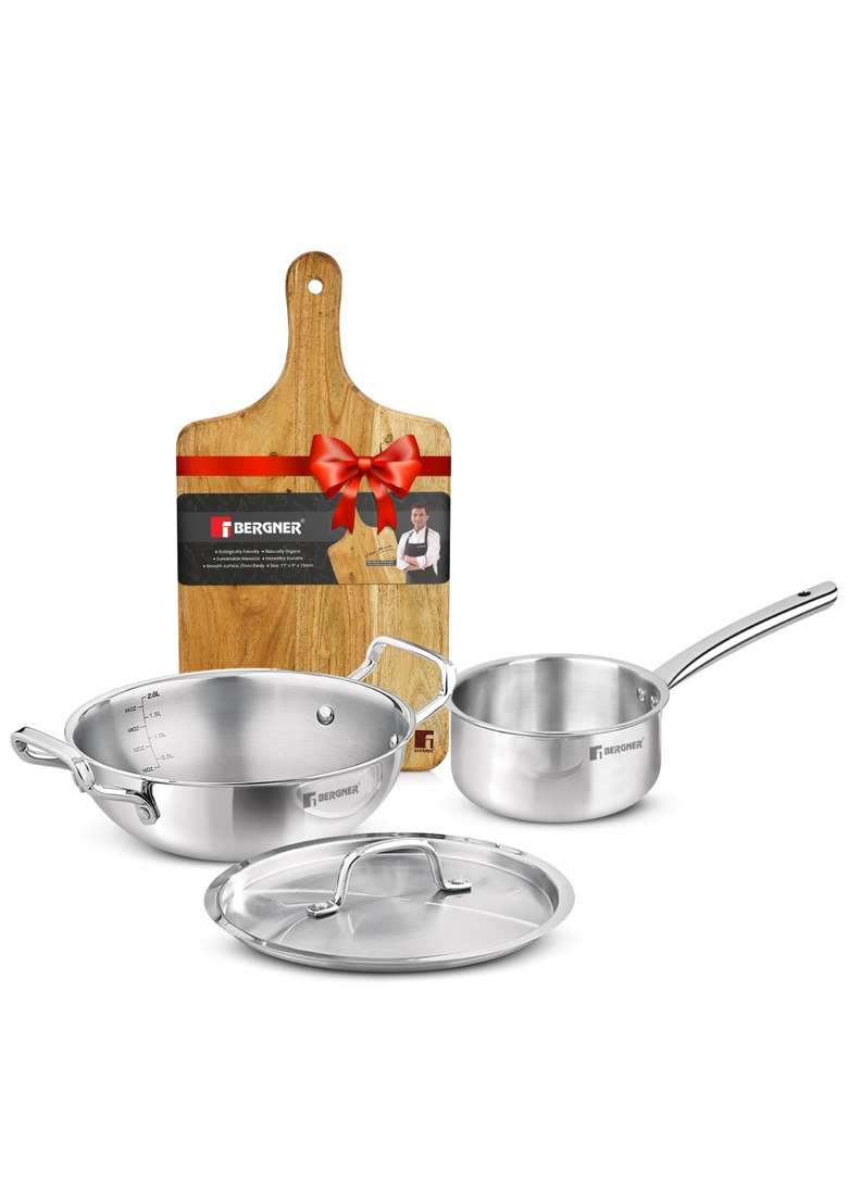 BERGNER TriPro Tri-Ply Stainless Steel Cookware Combo | 3 L | 3.2 Qt | 24 cm | 9.4 Inch | 4-Piece Set | BPA Free | With Lid - Indya