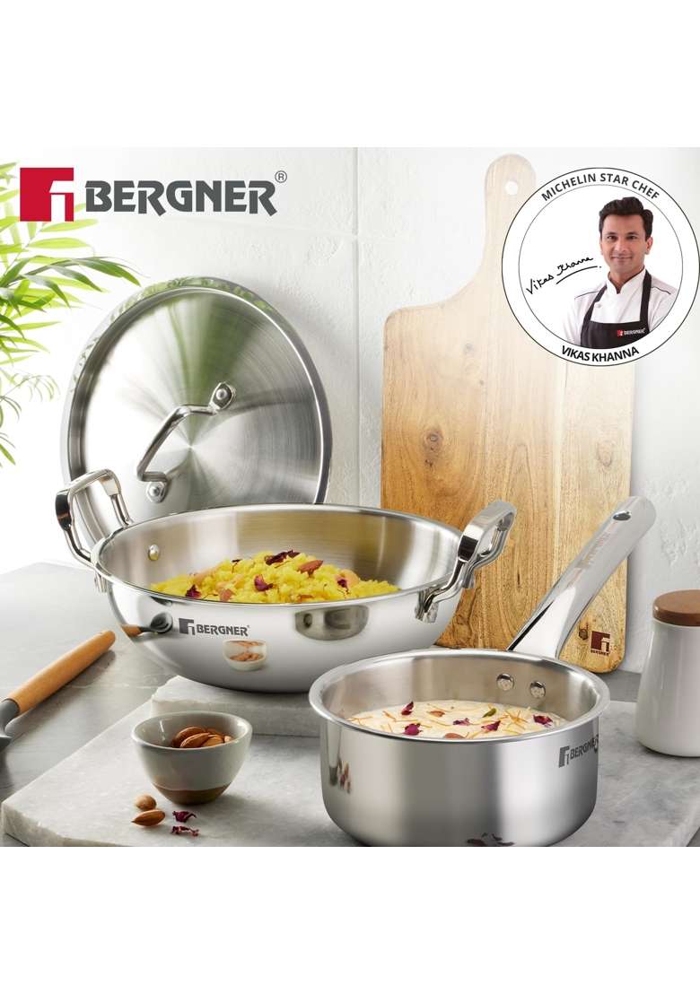 BERGNER TriPro Tri-Ply Stainless Steel Cookware Combo | 3 L | 3.2 Qt | 24 cm | 9.4 Inch | 4-Piece Set | BPA Free | With Lid - Indya