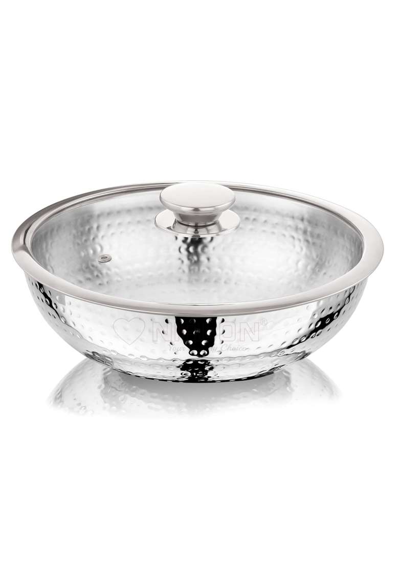 NIRLON Hammered Triply Stainless Steel Cookware Tasla-Tasra-Kadai Wok Set of - with Glass | 1.2 L | 1.3 Qt | 18 cm | 7.1 Inch | 2-Piece Set - Indya