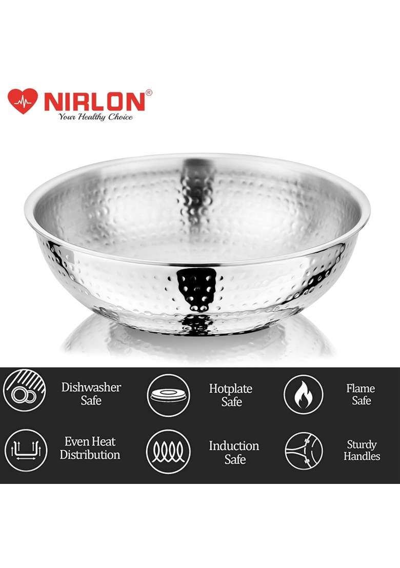 NIRLON Hammered Triply Stainless Steel Cookware Tasla-Tasra-Kadai Wok Set of - with Glass | 1.2 L | 1.3 Qt | 18 cm | 7.1 Inch | 2-Piece Set - Indya