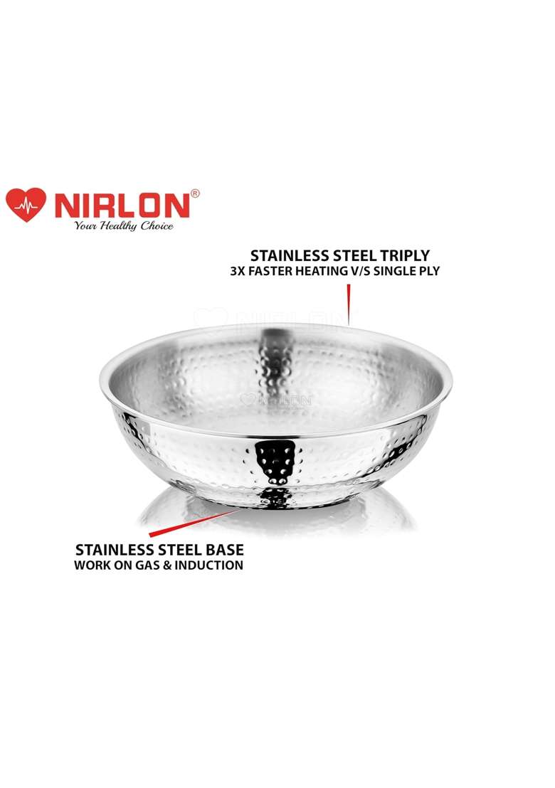 NIRLON Hammered Triply Stainless Steel Cookware Tasla-Tasra-Kadai Wok Set of - with Glass | 1.2 L | 1.3 Qt | 18 cm | 7.1 Inch | 2-Piece Set - Indya
