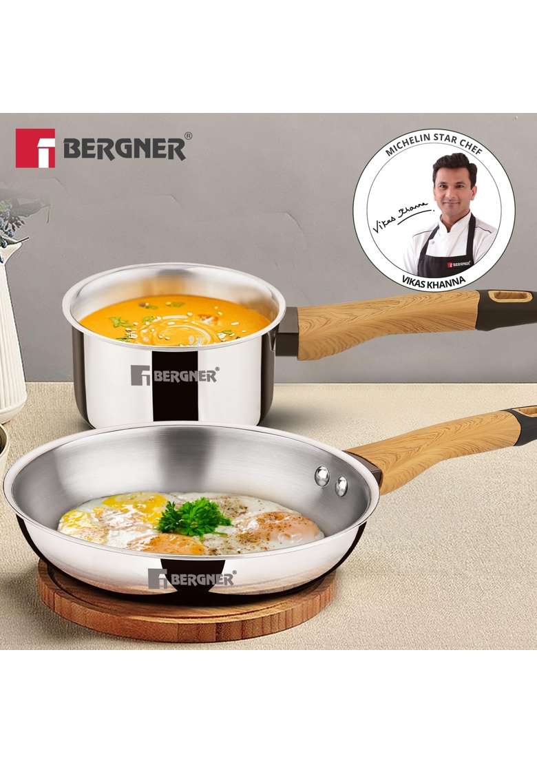 BERGNER TriPro Triply Stainless Steel Cookware Set | 1.2 L | 1.3 Qt | 22 cm | 8.7 Inch | Pack of 2 | Induction Compatible - Indya