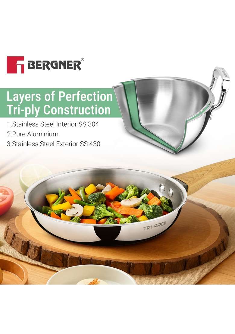 BERGNER TriPro Triply Stainless Steel Cookware Set | 1.2 L | 1.3 Qt | 22 cm | 8.7 Inch | Pack of 2 | Induction Compatible - Indya
