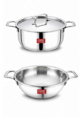 CLASSIC ESSENTIALS Triply Stainless Steel Cookware Combo | 2 L | 2.1 Qt | 16 cm | 6.3 Inch | Induction Compatible | Heavy Bottom | With Lid
