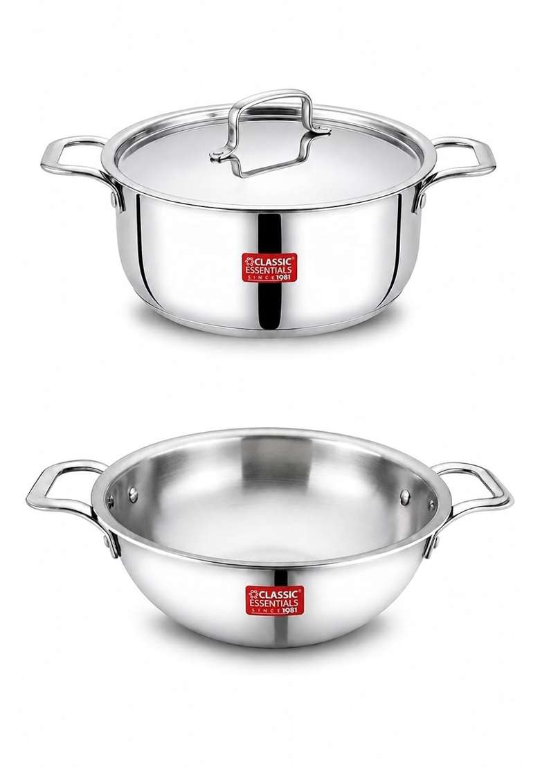 CLASSIC ESSENTIALS Triply Stainless Steel Cookware Combo | 2 L | 2.1 Qt | 16 cm | 6.3 Inch | Induction Compatible | Heavy Bottom | With Lid - Indya