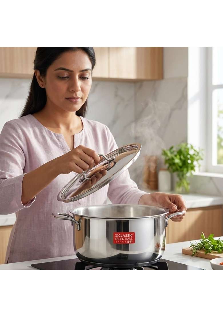 CLASSIC ESSENTIALS Triply Stainless Steel Cookware Combo | 2 L | 2.1 Qt | 16 cm | 6.3 Inch | Induction Compatible | Heavy Bottom | With Lid - Indya