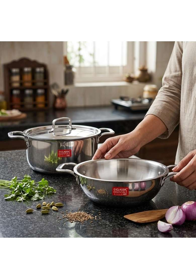 CLASSIC ESSENTIALS Triply Stainless Steel Cookware Combo | 2 L | 2.1 Qt | 16 cm | 6.3 Inch | Induction Compatible | Heavy Bottom | With Lid - Indya