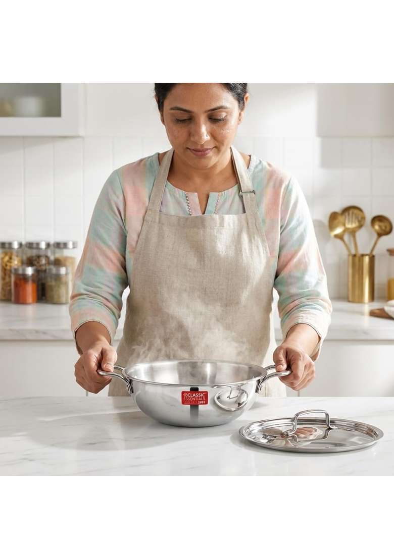 CLASSIC ESSENTIALS Triply Stainless Steel Cookware Combo | 2 L | 2.1 Qt | 16 cm | 6.3 Inch | Induction Compatible | Heavy Bottom | With Lid - Indya