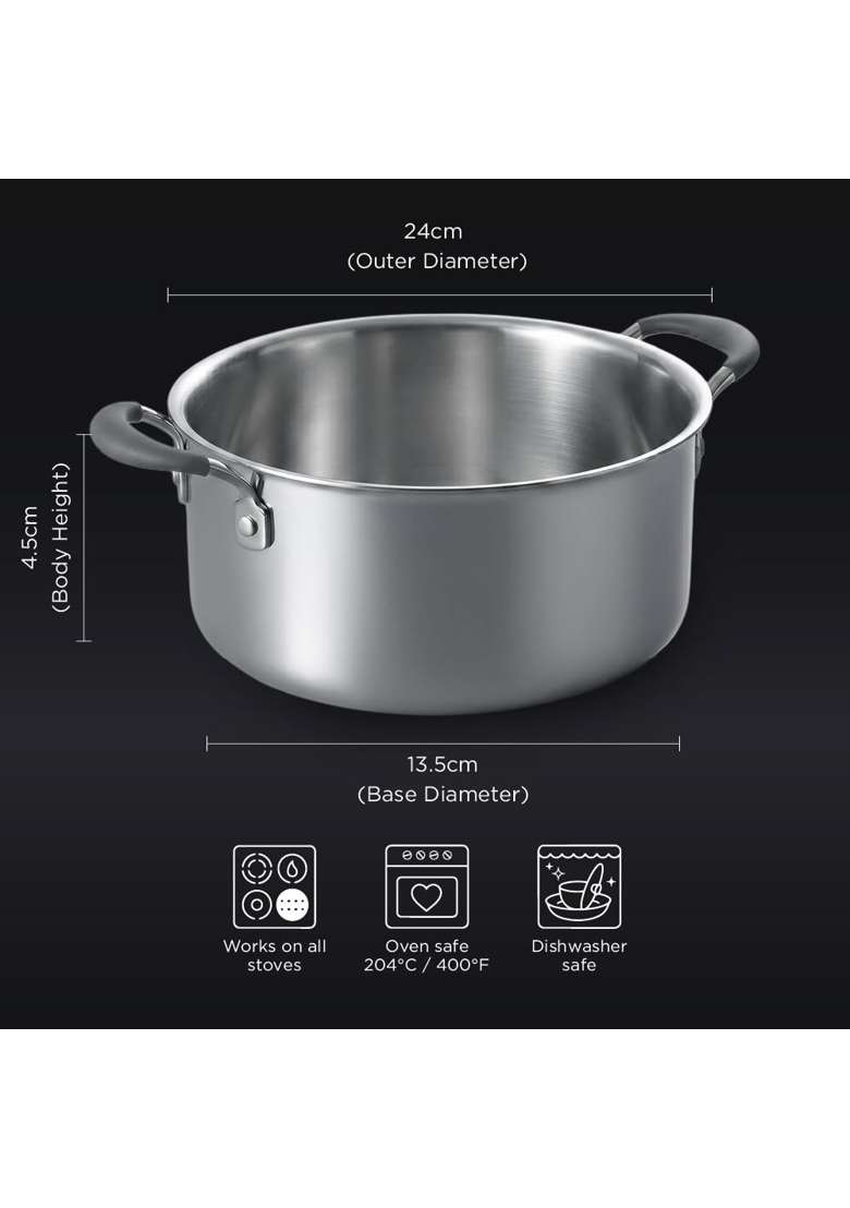 Meyer Trivantage Pro Triply Casserole | 5 L | 5.3 Qt | 24 cm | 9.4 Inch | Induction Compatible | Heavy Bottom | With Lid - Indya