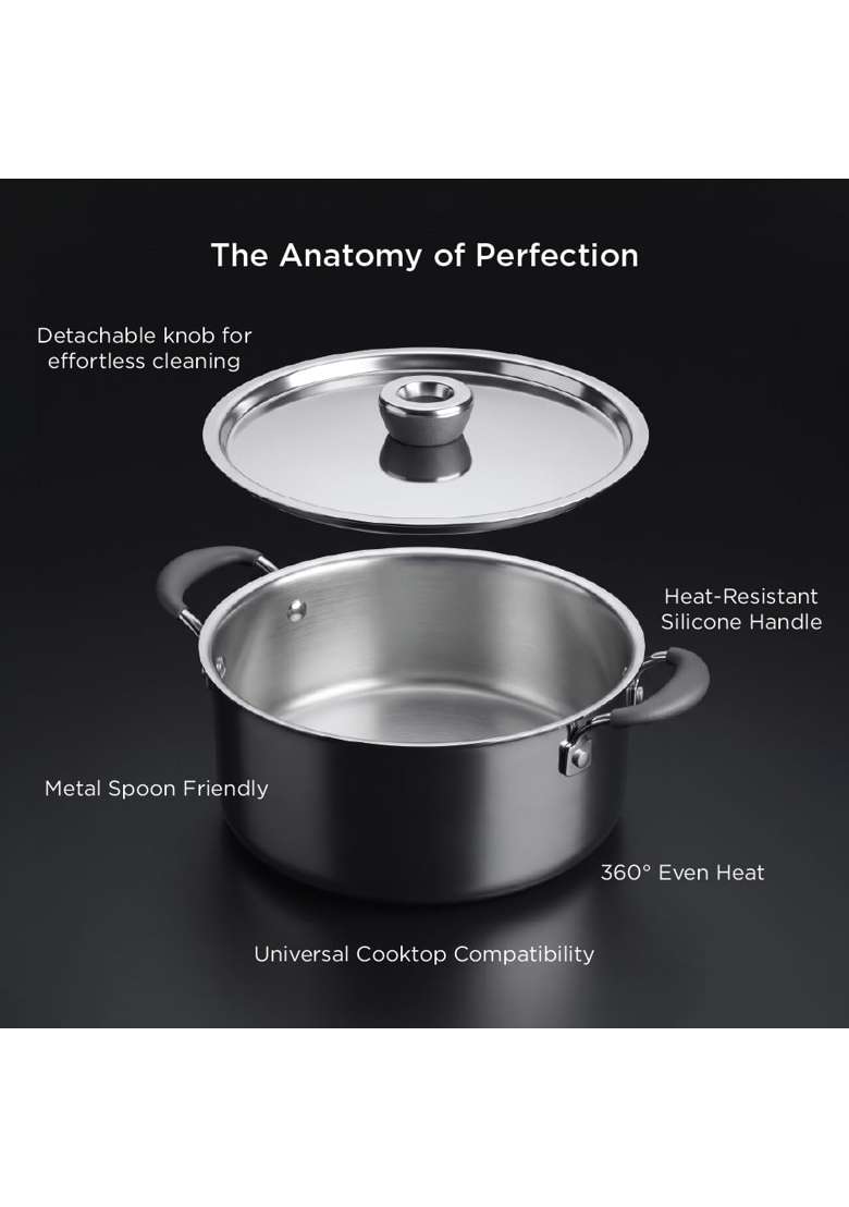 Meyer Trivantage Pro Triply Casserole | 5 L | 5.3 Qt | 24 cm | 9.4 Inch | Induction Compatible | Heavy Bottom | With Lid - Indya