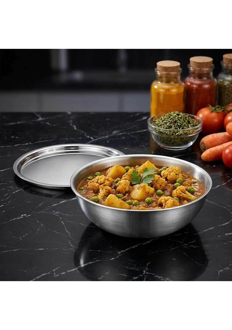 AGARO Regency Triply Stainless Steel Tasla Deep Pan with Lid | 4 L | 4.2 Qt | 28 cm | 11 Inch | Induction Compatible | Dishwasher Safe | Non-Toxic - Indya